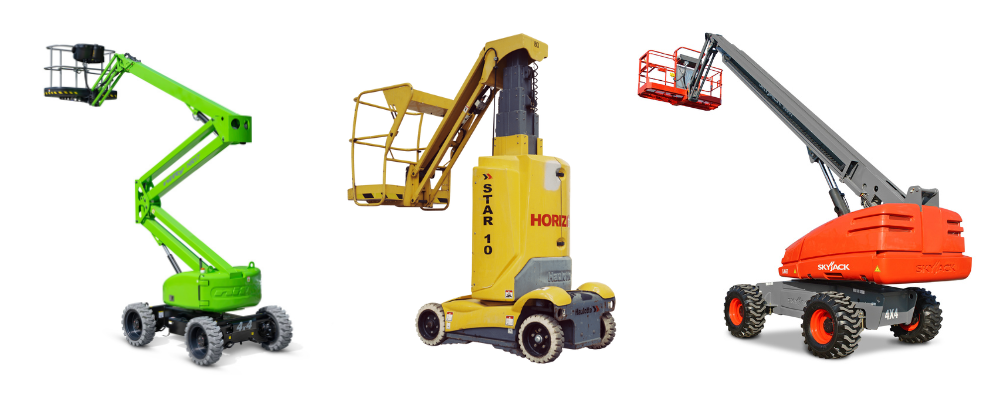 an articulated cherry picker, mast boom lift and telescopic boom lift next to each other under a description about cherry pickers 
