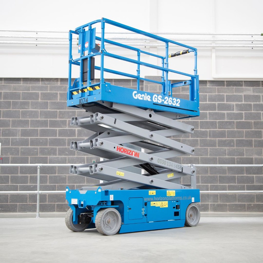 Genie GS-2632 electric scissor lift inside Horizon Platforms' powered access depot