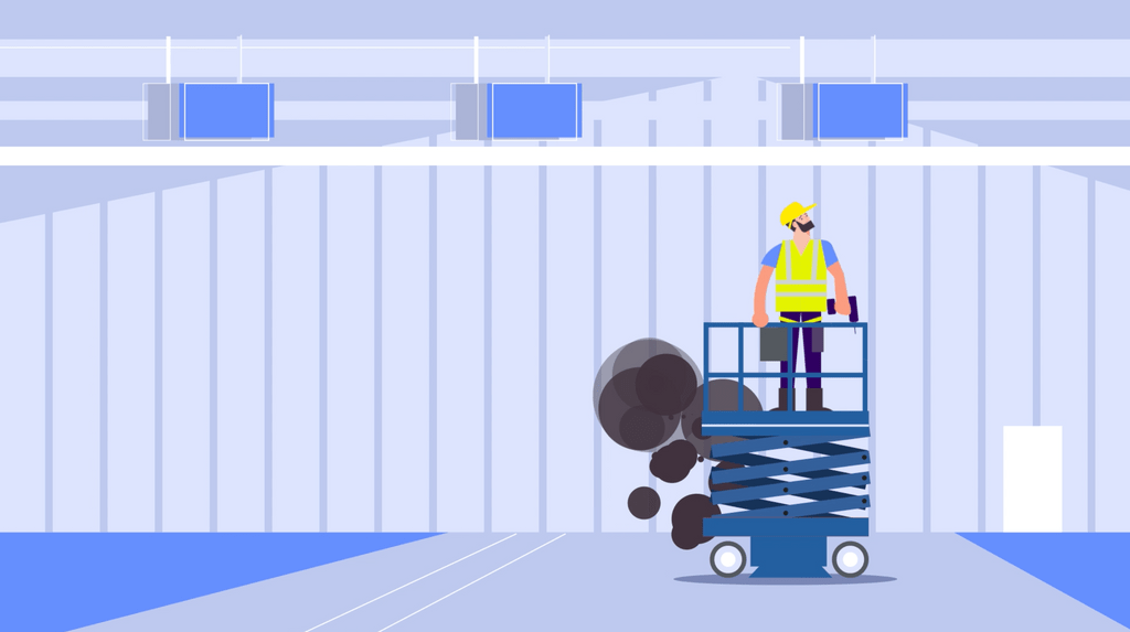 A worker on a broken MEWP looking frustrated.