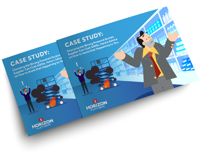 Front of case study booklet showing a scissor lift on fire and an angry worker.