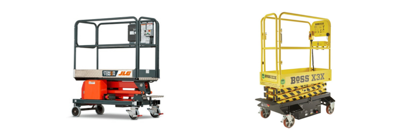 2x push around access platforms being used to depict what a push around vertical is